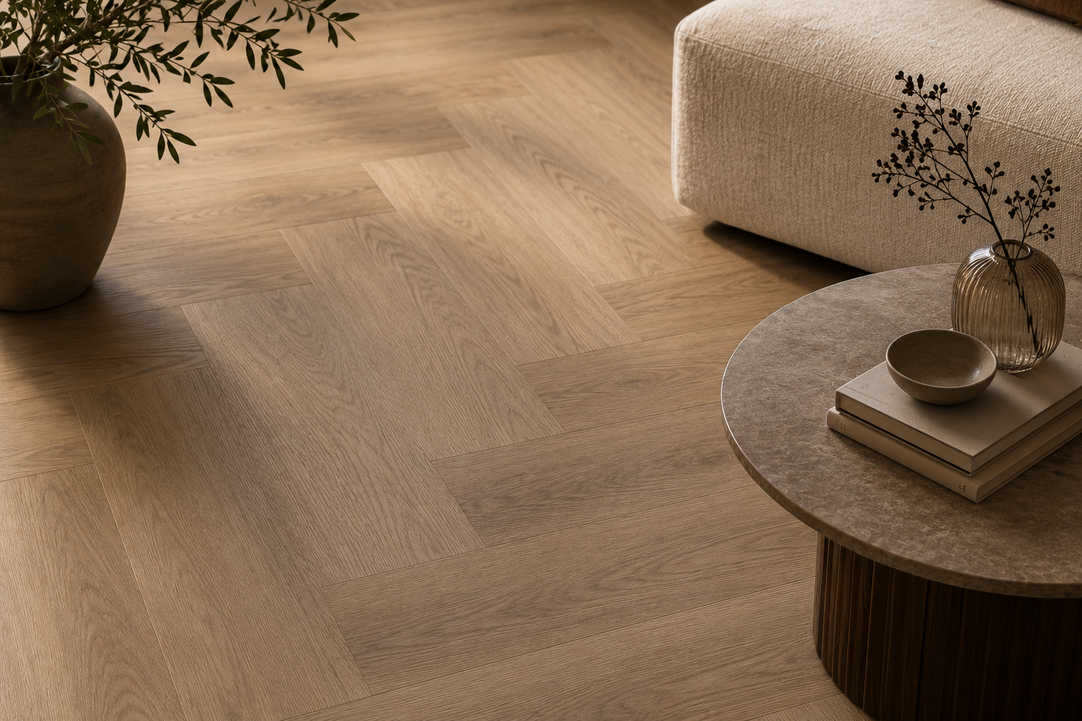 Minimalistisch interieur met warme vloerafwerking