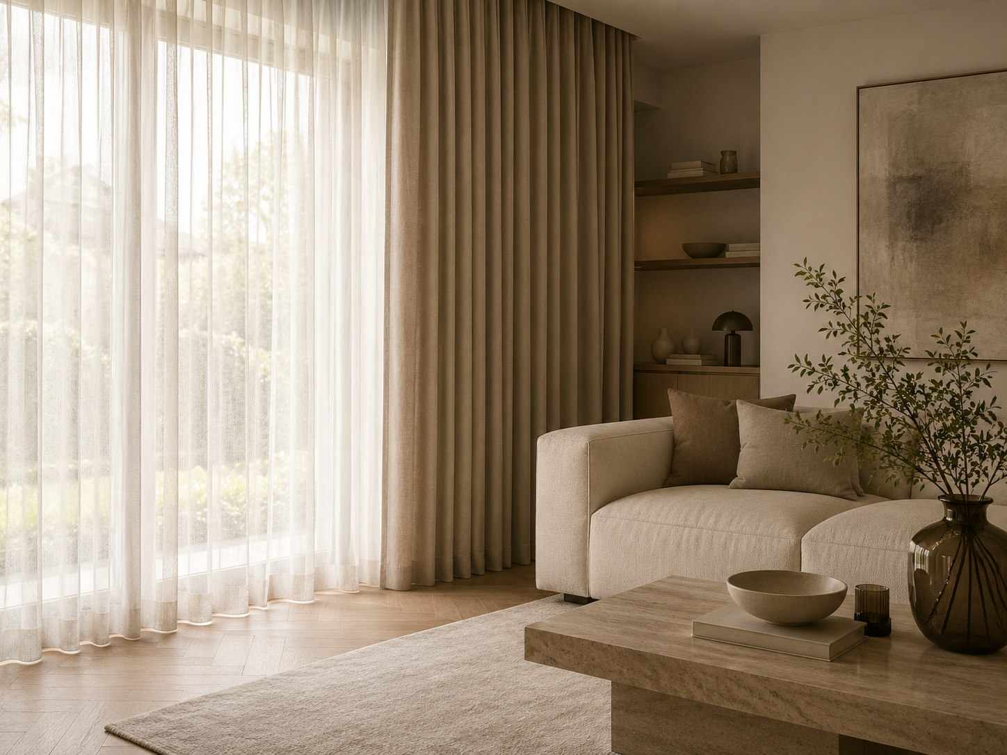 Stijlvol interieur met gordijnen en inbetweens