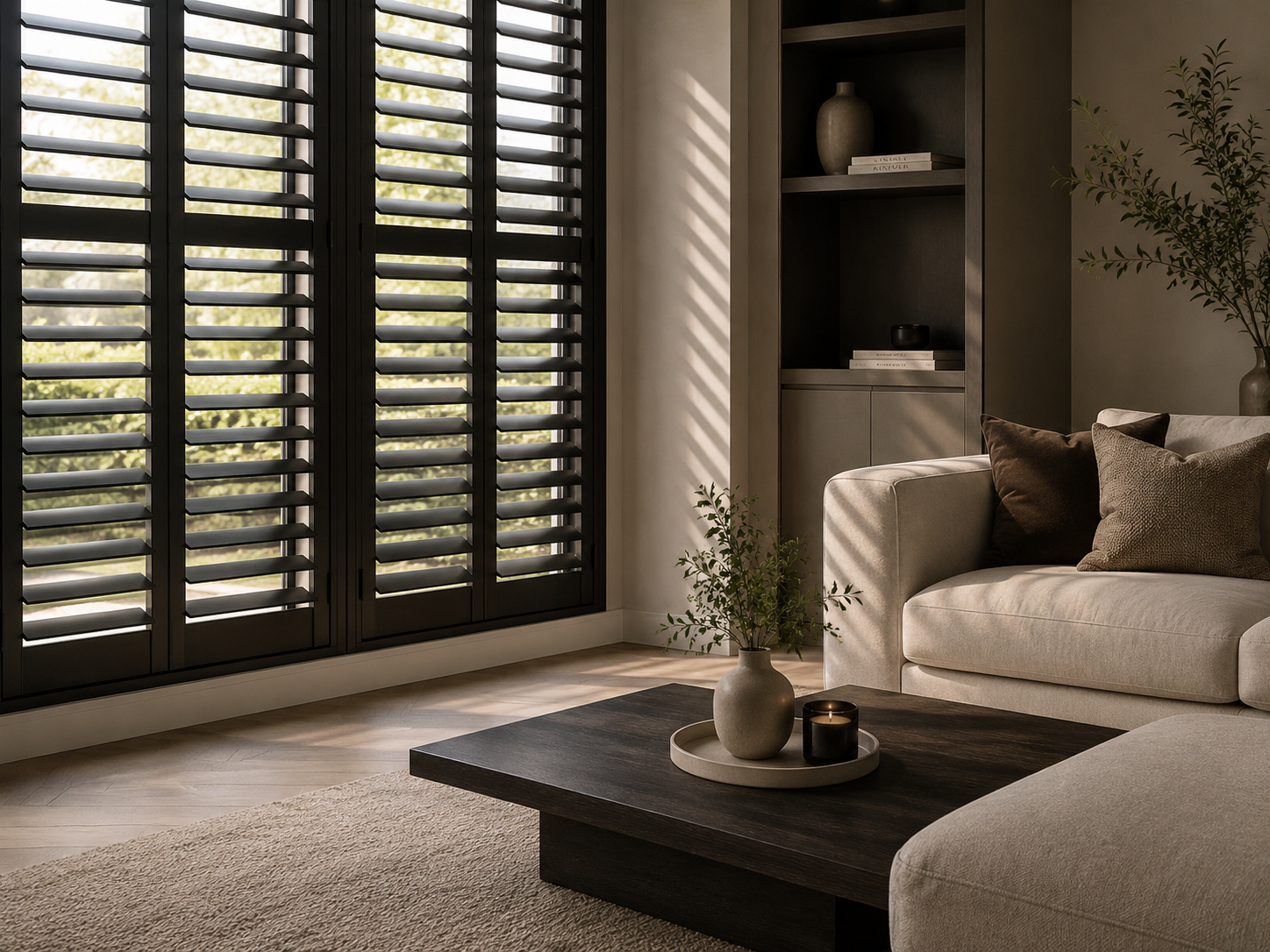 Modern interieur met zwarte shutters